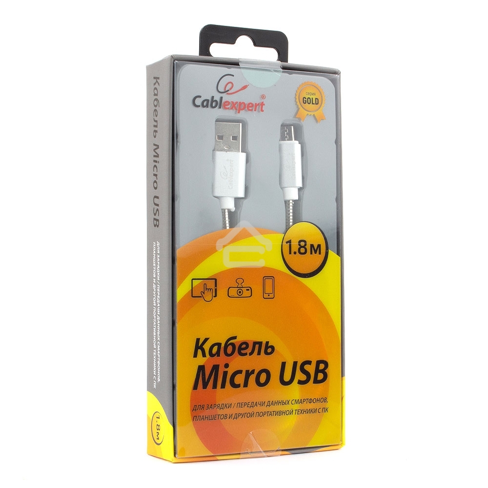 Кабель USB2.0 Cablexpert CC-G-mUSB02S-1.8M, AM/microB, серия Gold, длина 1.8м, серебро, блистер