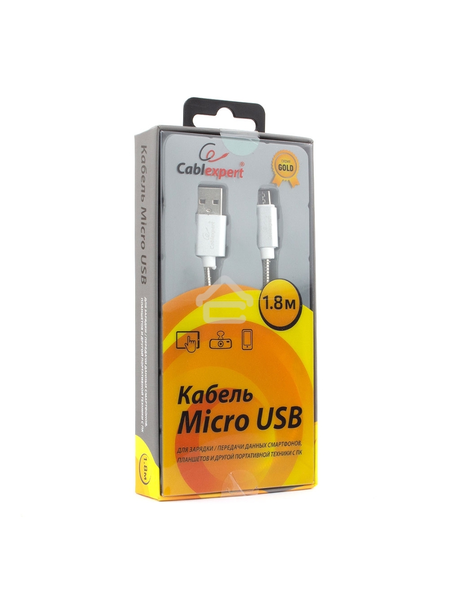 Кабель USB 2.0 Cablexpert CC-G-mUSB02S-1.8M, AM/microB, серия Gold, длина 1.8м, серебро, блистер