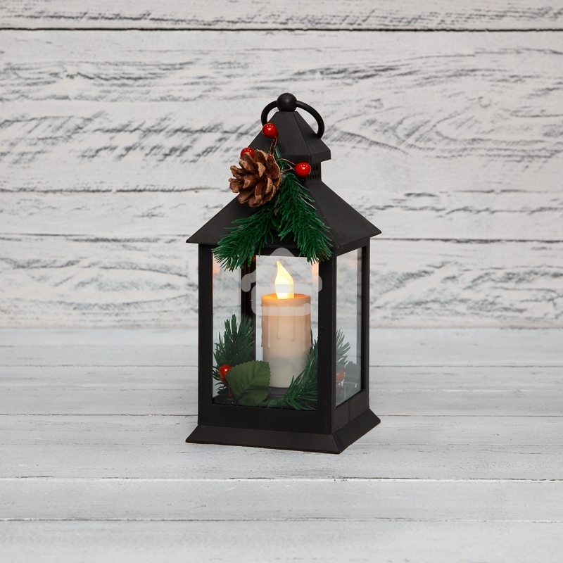 Декоративный фонарь Neon-night со свечкой и шишкой, черный корпус, размер 10,7x10,7x23,5 см, цвет теплый белый