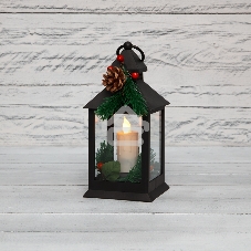 Декоративный фонарь Neon-night со свечкой и шишкой, черный корпус, размер 10,7x10,7x23,5 см, цвет теплый белый