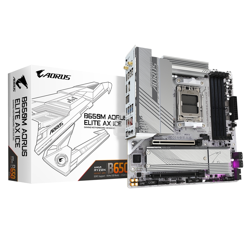 Материнская плата GIGABYTE B650M AORUS ELITE AX ICE, AM5, AMD B650, 4xDDR5, 4xSATA, 2xM.2, 1xPCIe 4.0 x16, 1xPCIe 4.0 x4, 1xDP, 1xHDMI, 1x2.5Gb LAN, Wi-Fi 6E, Bluetooth 5.3, S/PDIF, 2xUSB-C 10Gbps, 2xUSB-A 10Gbps, 5xUSB-A 5Gbps, 4xUSB-A 2.0, 2x3.5 мм, 7.1
