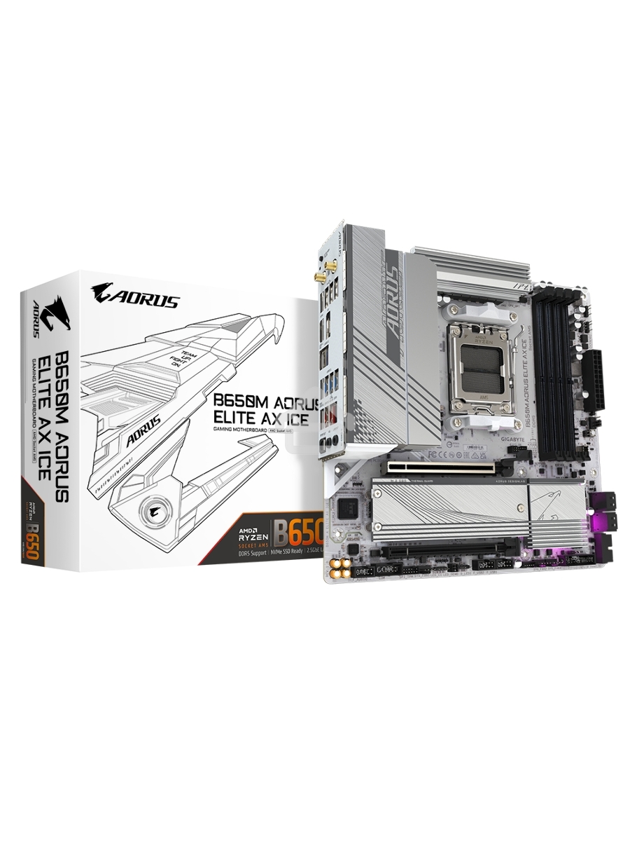 Материнская плата Gigabyte B650M AORUS ELITE AX ICE SocketAM5 AMD B650 4xDDR5 mATX AC`97 8ch(7.1) 2.5Gg RAID+HDMI+DP