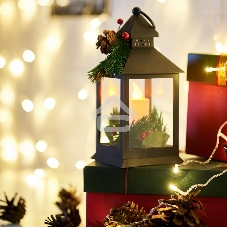 Декоративный фонарь Neon-night со свечкой и шишкой, черный корпус, размер 10,7x10,7x23,5 см, цвет теплый белый