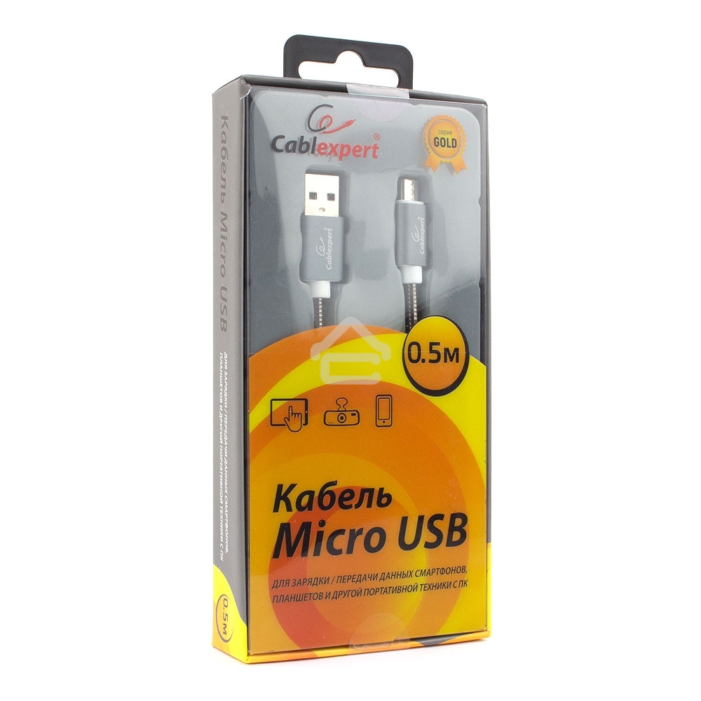 Кабель USB2.0 Cablexpert CC-G-mUSB02Gy-0.5M, AM/microB, серия Gold, длина 0.5м, титан, блистер
