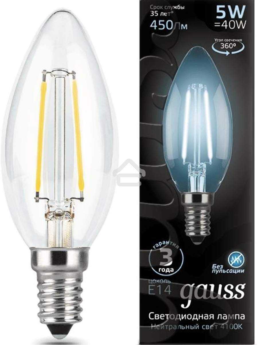 Лампа светодиодная GAUSS 103801205LED Filament Candle Е14 5Вт 4100к 1/10/50