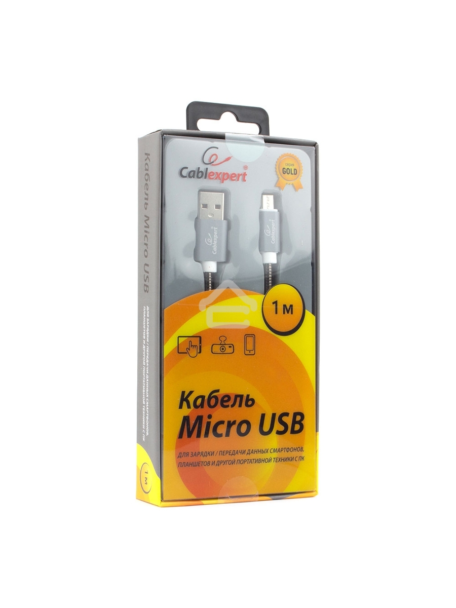 Кабель USB 2.0 Cablexpert CC-G-mUSB02Gy-1M, AM/microB, серия Gold, длина 1м, титан, блистер