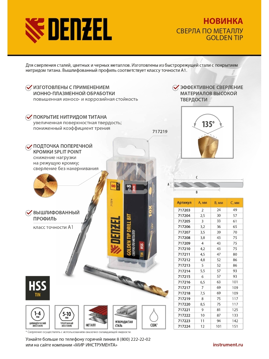 Сверло по металлу, 8 мм, HSS-Tin, Golden Tip, 8 шт. Denzel