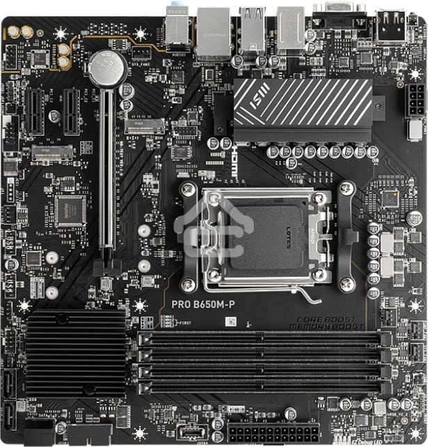 Материнская плата MSI PRO B650M-P, AM5, AMD B650, 4xDDR5, 4xSATA, 2xM.2, 1xPCI-E 4.0 x16, 2xPCI-E 4.0 x1, 1xHDMI, 1xDP, 1xVGA, 1x2.5Gb LAN, 2xUSB 3.2 Gen 1, 2xUSB 3.2 Gen 2, 3x3.5 мм, 7.1, Micro-ATX