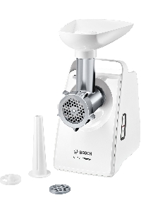 Мясорубка Bosch MFW3910W CompactPower, 1900Вт, 2,3 кг/мин, цвет: белый, механическая за щита от перегрузки, 1 скор. Комплект: 2 диска для фарша, насадка для кол басок