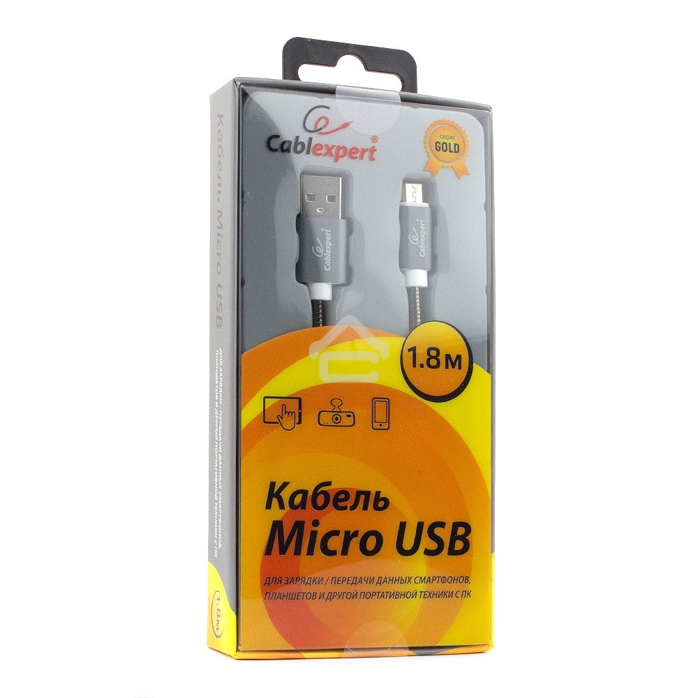 Кабель USB2.0 Cablexpert CC-G-mUSB02Gy-1.8M, AM/microB, серия Gold, длина 1.8м, титан, блистер