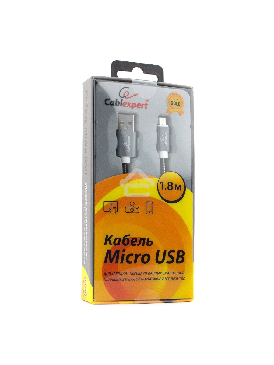 Кабель USB 2.0 Cablexpert CC-G-mUSB02Gy-1.8M, AM/microB, серия Gold, длина 1.8м, титан, блистер