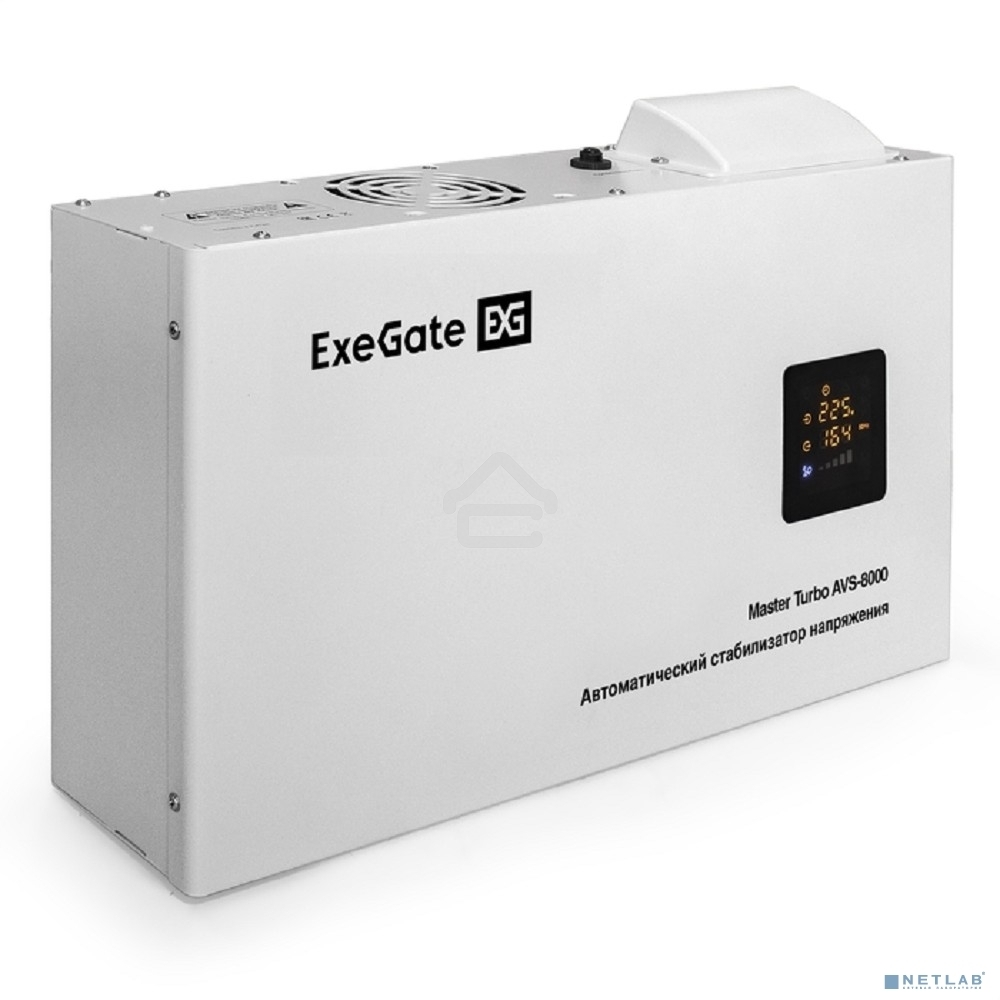 Стабилизатор напряжения ExeGate Master Turbo AVS-8000 (8000ВА, 100-265В, цветной дисплей, 220В±8%, КПД 98%, 5 уровней защиты, задержка, усиленный метал.корпус, клем.колодка+евророзетка, RTL)