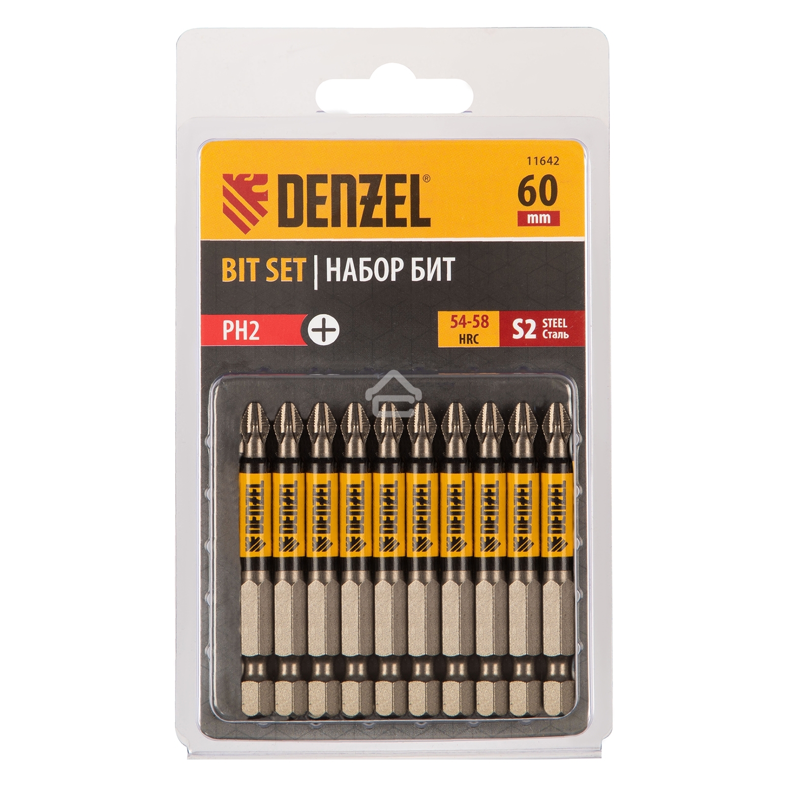 Набор бит PH2х60, сталь S2, круглый профиль, 10 шт. Denzel