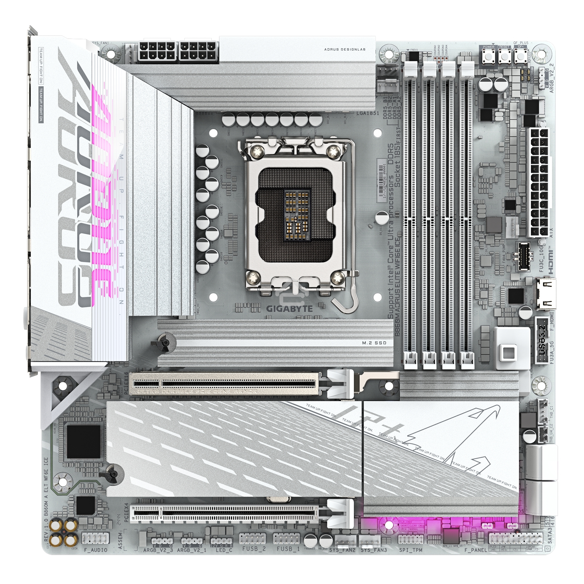 Материнская плата Gigabyte B860M AORUS ELITE WIFI6E ICE, LGA1851, Intel B860, 4xDDR5, 4xSATA, 3xM.2, 1xPCIe 5.0 x16, 1xPCIe 4.0 x4, 1xDP, 2xHDMI, 1x2.5Gb LAN, Wi-Fi 6E, Bluetooth 5.3, 2xUSB-A 10Gbps (Gen2), 4xUSB-A 5Gbps, 4xUSB-A 2.0, 1xUSB-C 20Gbps (USB4