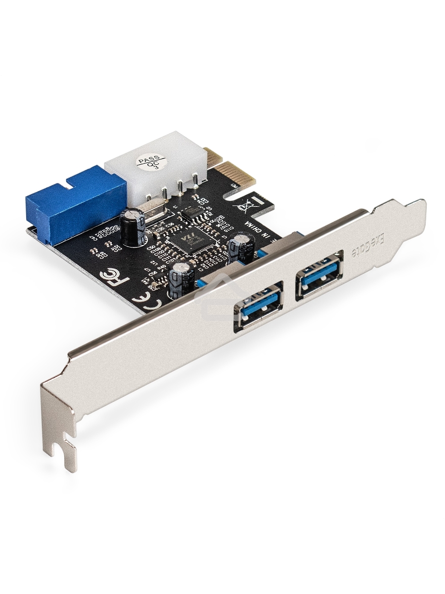 Контроллер ExeGate EXE-342 (PCI-E x1 v2.0, 2*USB3.0 ext.+ 1*19pin int. (внутренние коннекторы для подключения 2*USB3.0 портов на корпусе), разъем доп.питания, VIA Labs Chipset VL805)