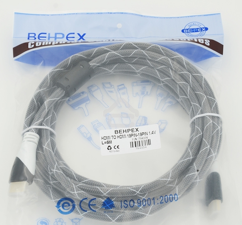 Кабель аудио-видео Behpex черный jack HDMI (m)/HDMI (m) 5м. феррит.кольца позолоченные контакты серый