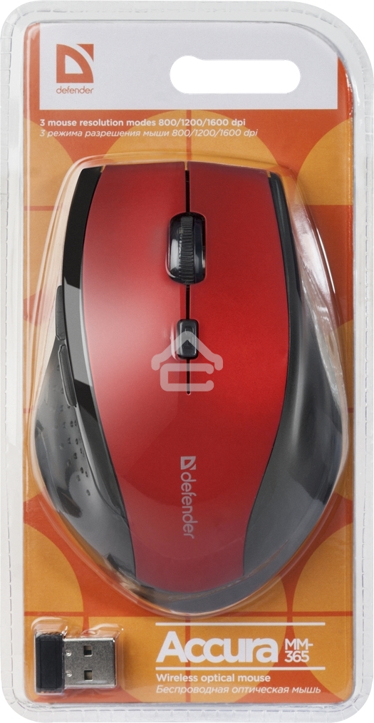 Мышь беспроводная Defender Accura MM-365 красный, 1600 dpi, радиоканал, USB, кнопки - 6