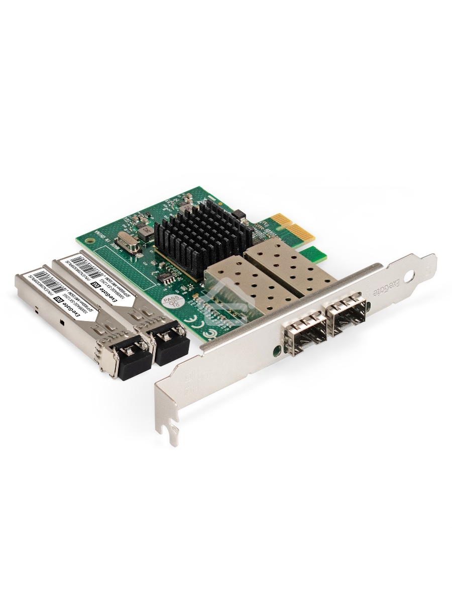 Комплект: Сетевой адаптер SFP ExeGate EXE-82576-F2 + 2xТрансивер Multi-Mode до 550м ExeGate EXT-1G-MM850-LC2-550M (EX296229RUS: PCI-E x1 v2.0, порты 2x SFP (10/100/1000Mb/s), Gigabit Server NIC Intel Chipset 82576-F2 + 2xEX298329RUS: Tx:850/Rx:850 нм, до 