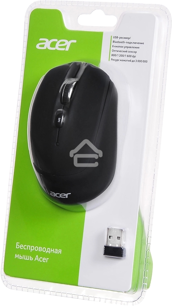 Мышь беспроводная Acer OMR050 черный, 1600 dpi, радиоканал, Bluetooth, USB, кнопки - 6