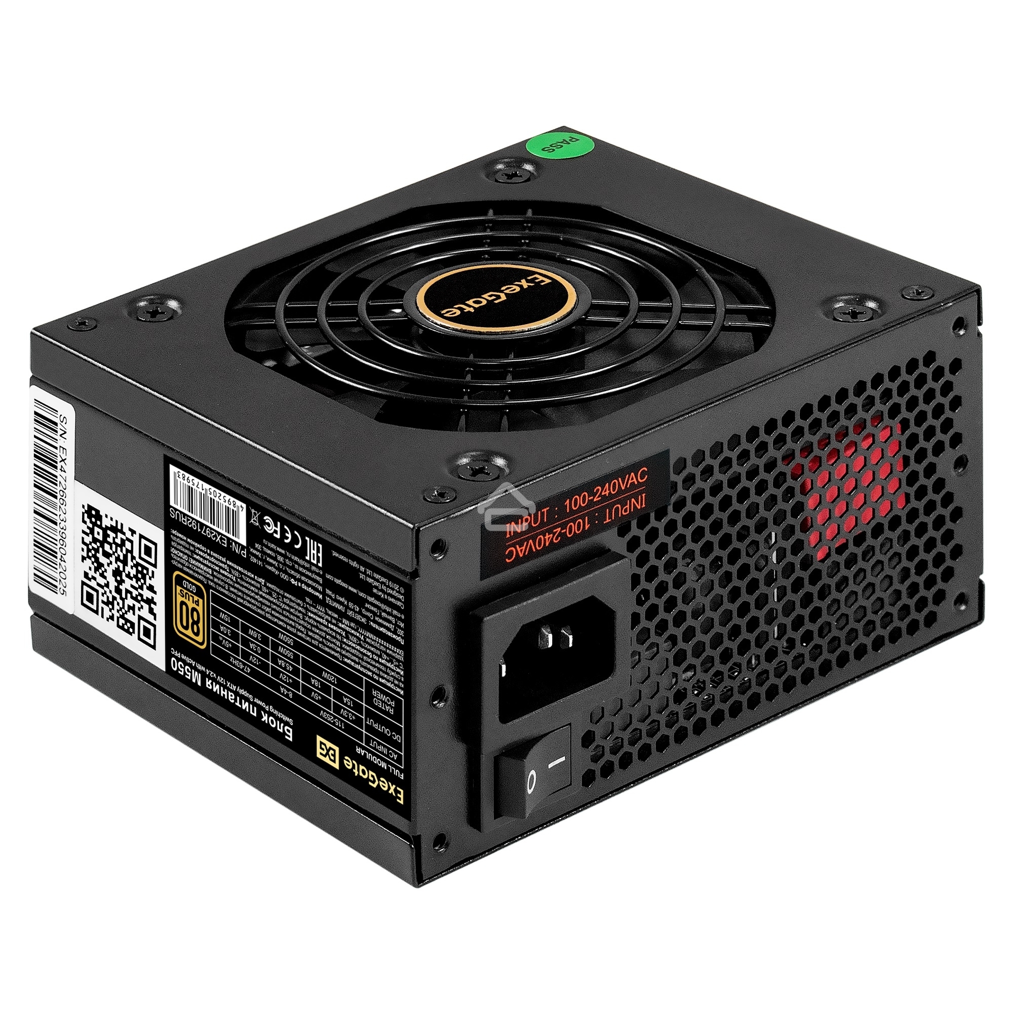 Блок питания 550W ExeGate M550 GOLD (SFX, APFC, КПД 90% (80 PLUS GOLD), 9см fan, 24pin, (4+4)pin, 2xPCI-E, 6xSATA, 3xIDE, 1xFDD, Full Cable Management, black, ATX adapter, Retail box)