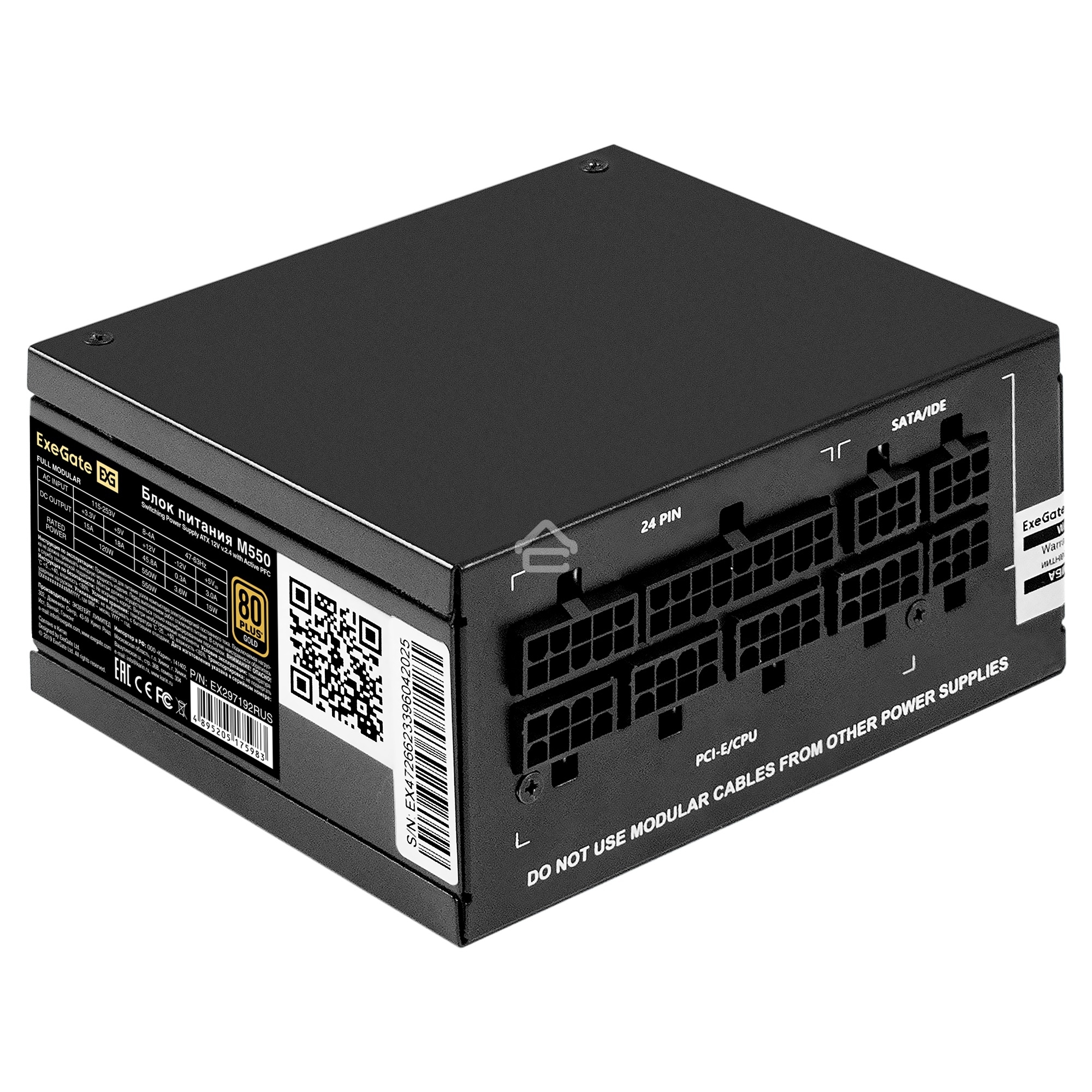Блок питания 550W ExeGate M550 GOLD (SFX, APFC, КПД 90% (80 PLUS GOLD), 9см fan, 24pin, (4+4)pin, 2xPCI-E, 6xSATA, 3xIDE, 1xFDD, Full Cable Management, black, ATX adapter, Retail box)
