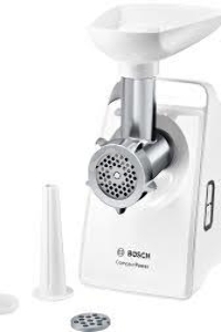 Мясорубка Bosch MFW3910W CompactPower, 1900Вт, 2,3 кг/мин, цвет: белый, механическая за щита от перегрузки, 1 скор. Комплект: 2 диска для фарша, насадка для кол басок