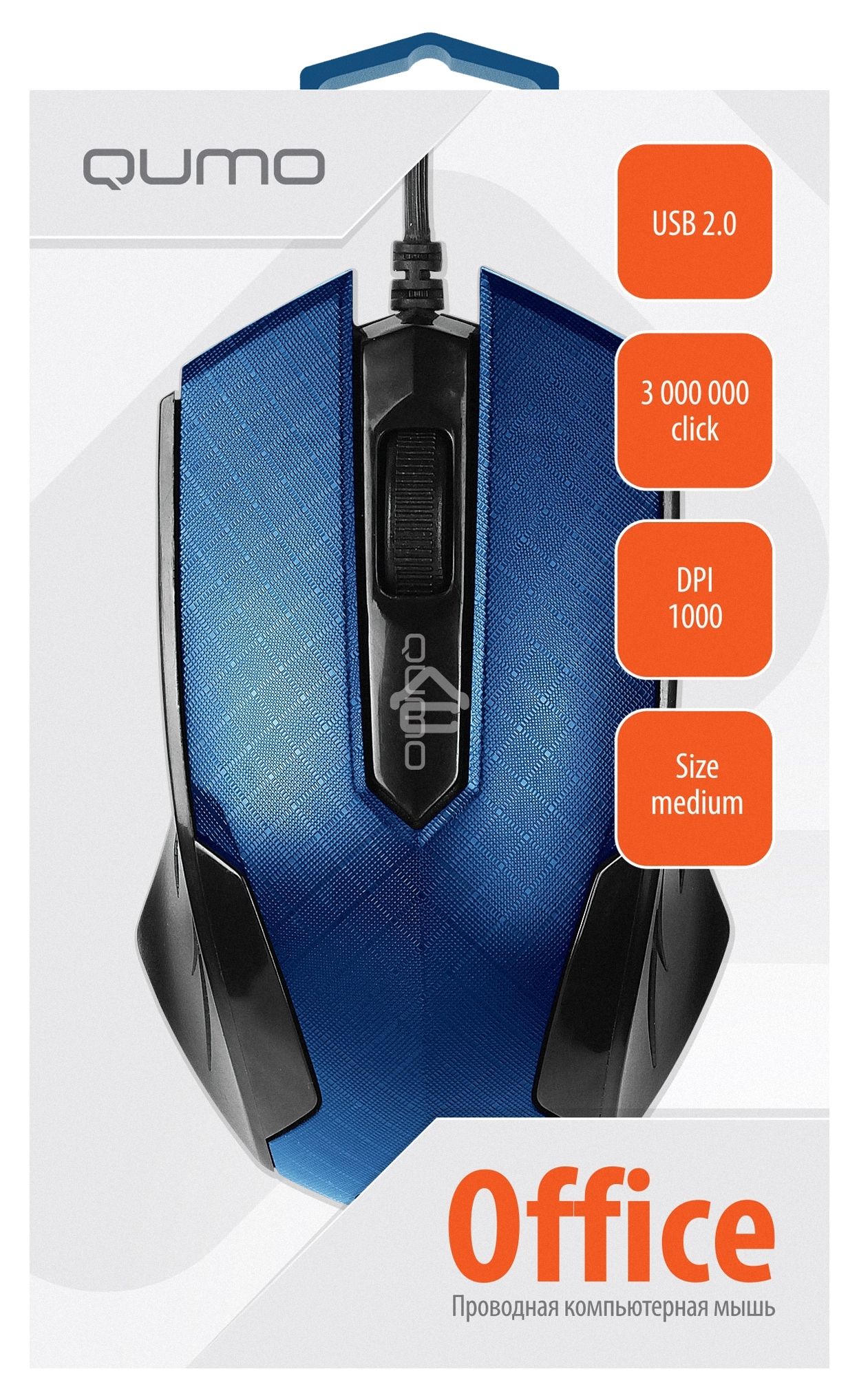 Мышь проводная Qumo Office M14 синий, 1000 dpi, USB, кнопки - 3