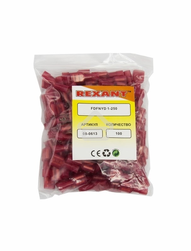 Клемма плоская Rexant полностью изолированная, гнездо 6.6 мм, в нейлоне, 0.5-1.5 мм² (РПи-м(н) 1.5-(6.3)), красный