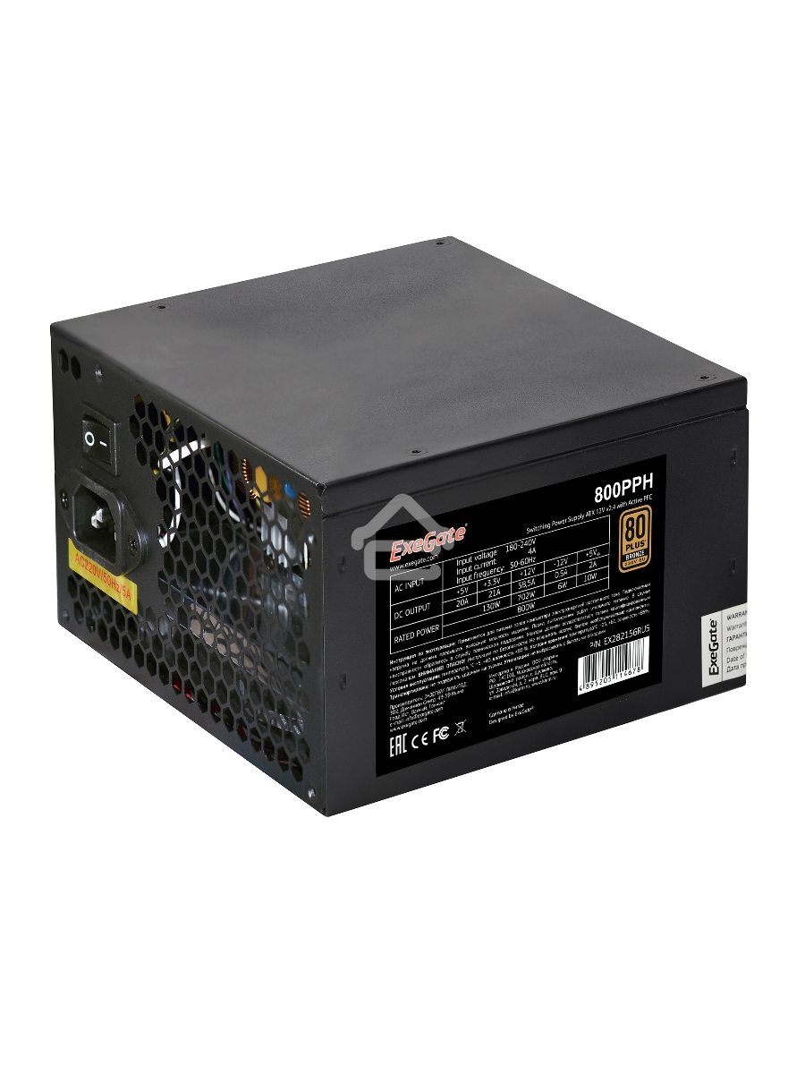 Блок питания ExeGate 800PPH (EX282156RUS), 800Вт, 80 PLUS Bronze, 120мм, черный