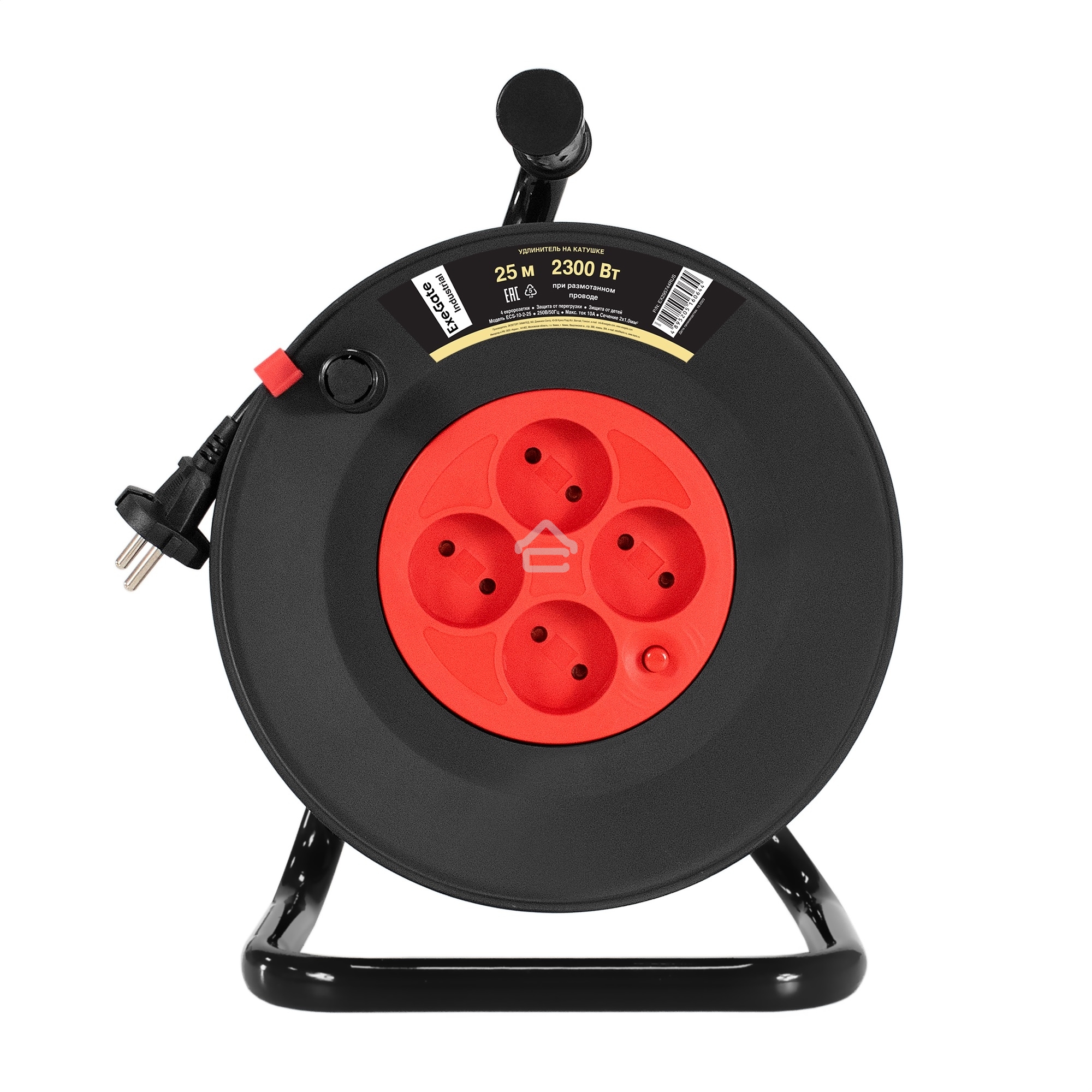 Удлинитель на катушке ExeGate industrial ECS-10-2-25 (4 евророзетки, IP20, 25 м, защита от детей, защита от перегрузки, 2х1,0 мм2, 10А/2.3 кВт)