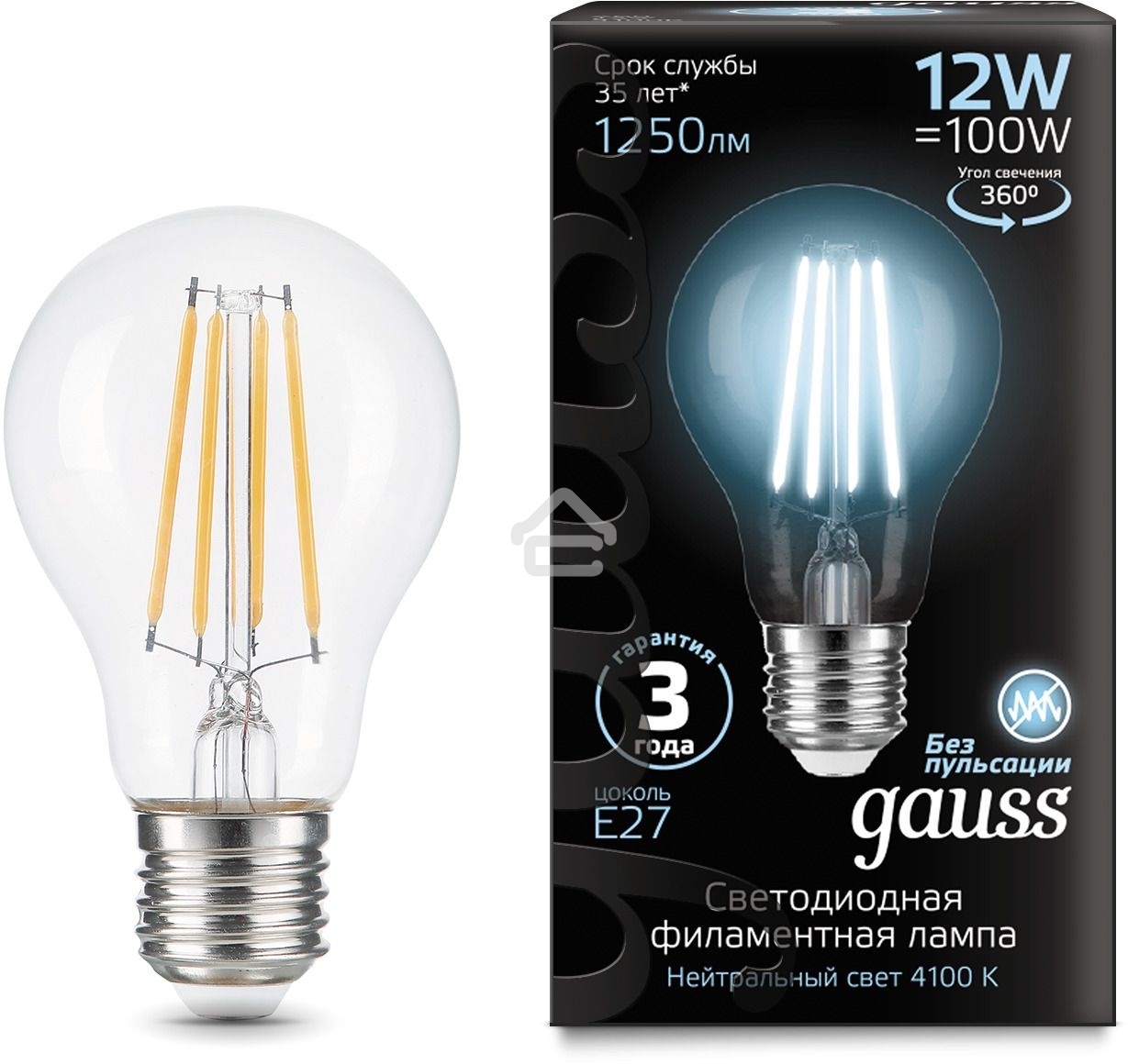 Лампа cветодиодная Gauss Filament А60 12W 1250lm 4100К Е27 LED 1/10/40