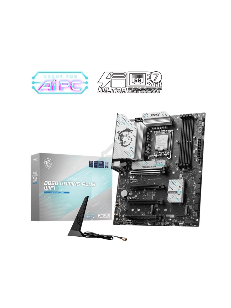 Материнская плата MSI B860 GAMING PLUS WIFI, LGA 1851, Intel B860, 4xDDR5, 4xSATA, 3xM.2, 1xPCIe 4.0 x4, 1xPCIe 5.0 x16, 1xDP, 1xHDMI, 1xUSB-C, 1x 5Gb LAN, 4xUSB-A 2.0, 2xUSB-A 3.2 Gen 1, 2xUSB 3.2 Gen 2, 7.1, 3x3.5 мм, ATX