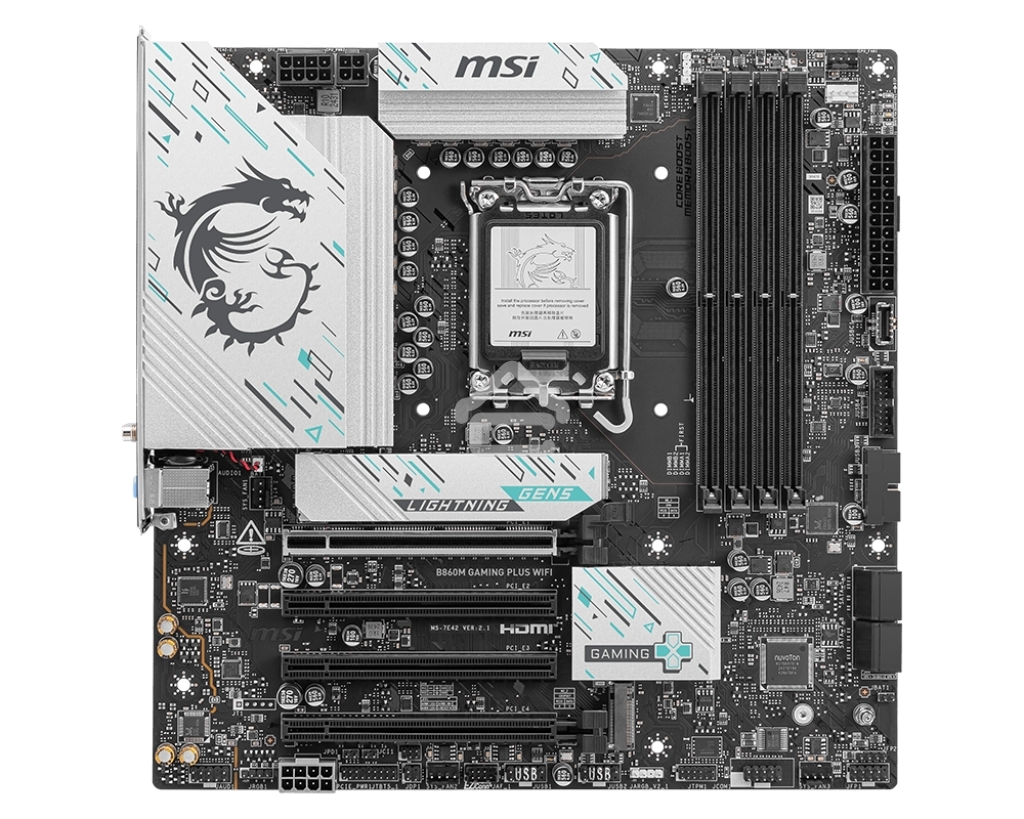 Материнская плата MSI B860M GAMING PLUS WIFI, LGA 1851, Intel B860, 4xDDR5, 4xSATA, 3xM.2, 1xPCIe 4.0 x4, 1xPCIe 5.0 x16, 1xDP, 1xHDMI, 1xUSB-C, 1x 5Gb LAN, 3xUSB-A 2.0, 2xUSB-A 3.2 Gen 1, 1xUSB 3.2 Gen 2, 7.1, 3x3.5 мм, mATX