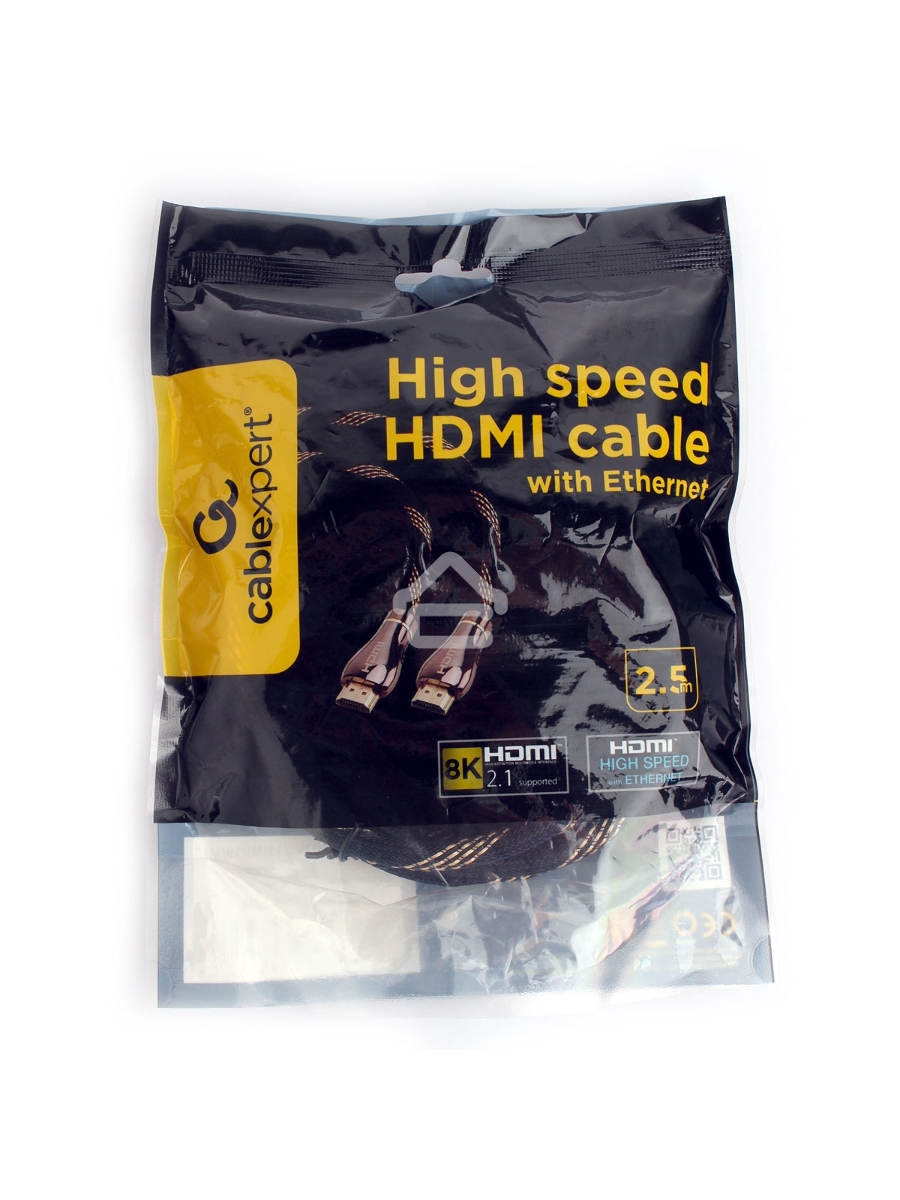Кабель Cablexpert HDMI CCP-HDMI8К-2.5M, 19M/19M, v2.1, 8К, медь, позол.разъемы, экран, оплетка, 2.5м, черный, пакет