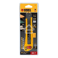 Нож Denzel 18 мм, сменное лезвие, SK4, корпус из цинкового сплава + TPR, торцевой зажим