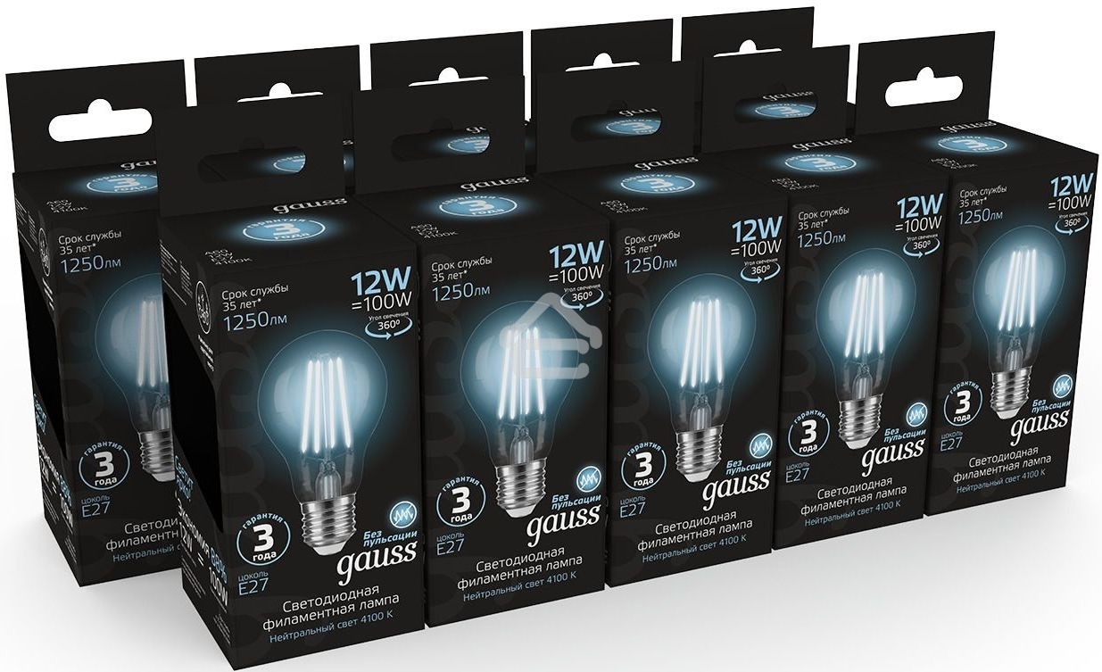 Лампа cветодиодная Gauss Filament А60 12W 1250lm 4100К Е27 LED 1/10/40