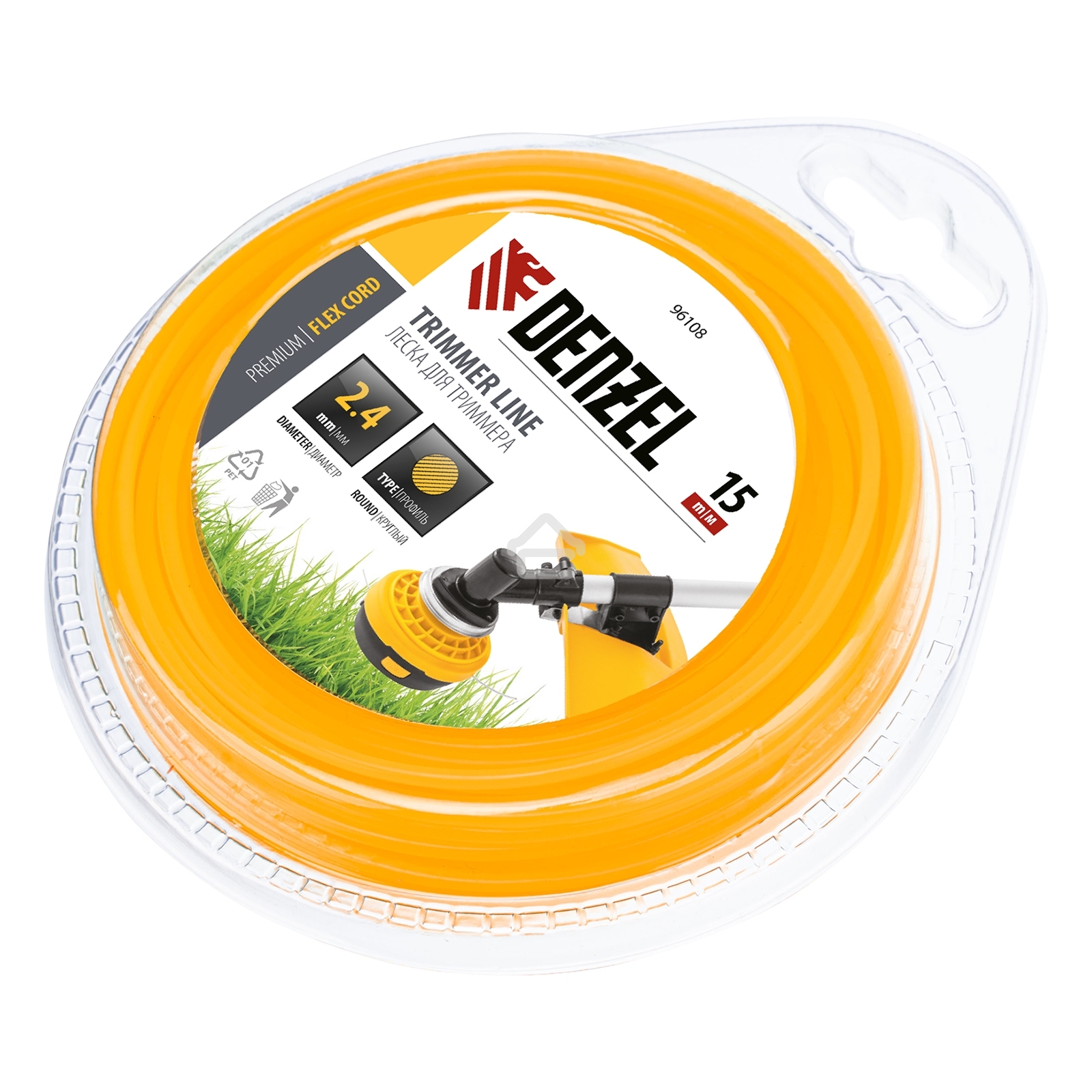 Леска для триммера Denzel FLEX CORD 96108 круглая 2,4 мм х 15 м, блистер