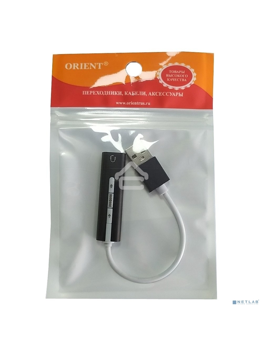 ORIENT AU-04PLB, Адаптер USB to Audio (звуковая карта), jack 3.5 mm (4-pole) для подключения телефонной гарнитуры к порту USB, кнопки: громкость +/-, играть/пауза/вперед/назад; Windows/Linux/MAC OS