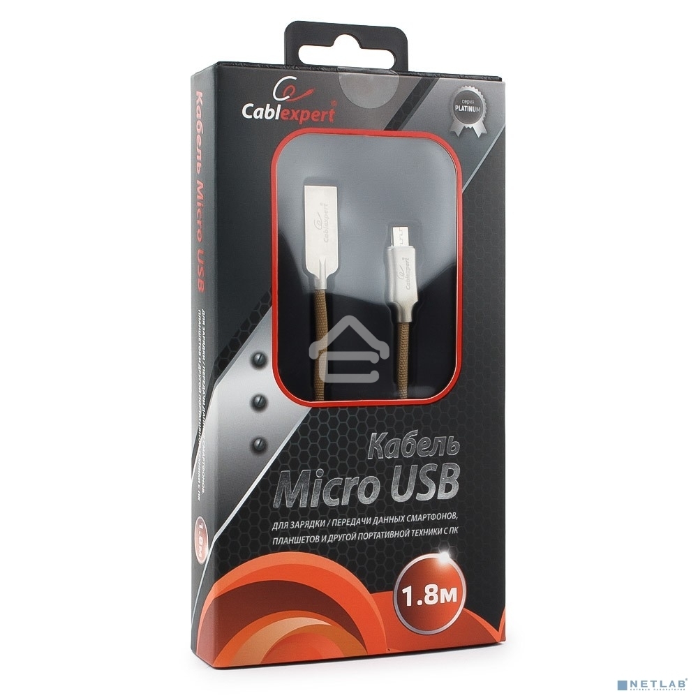 Кабель USB2.0 Cablexpert CC-P-mUSB02Gd-1.8M, AM/microB, серия Platinum, длина 1.8м, золотой, блистер