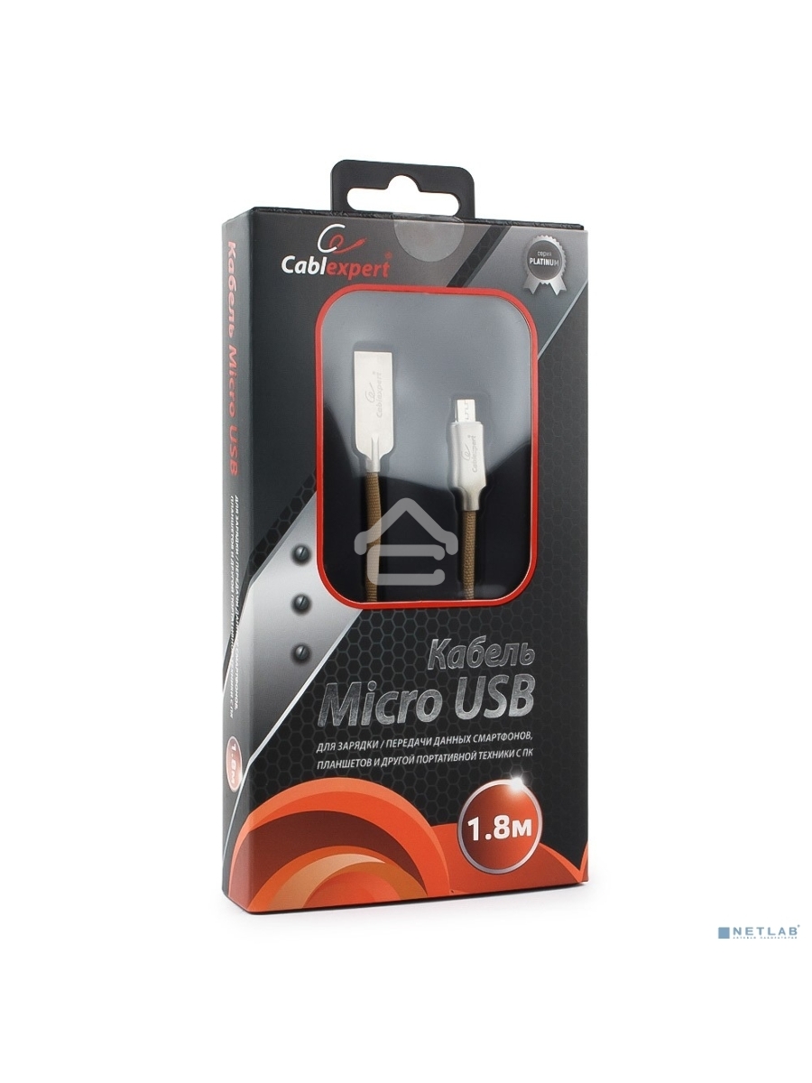 Кабель USB 2.0 Cablexpert CC-P-mUSB02Gd-1.8M, AM/microB, серия Platinum, длина 1.8м, золотой, блистер