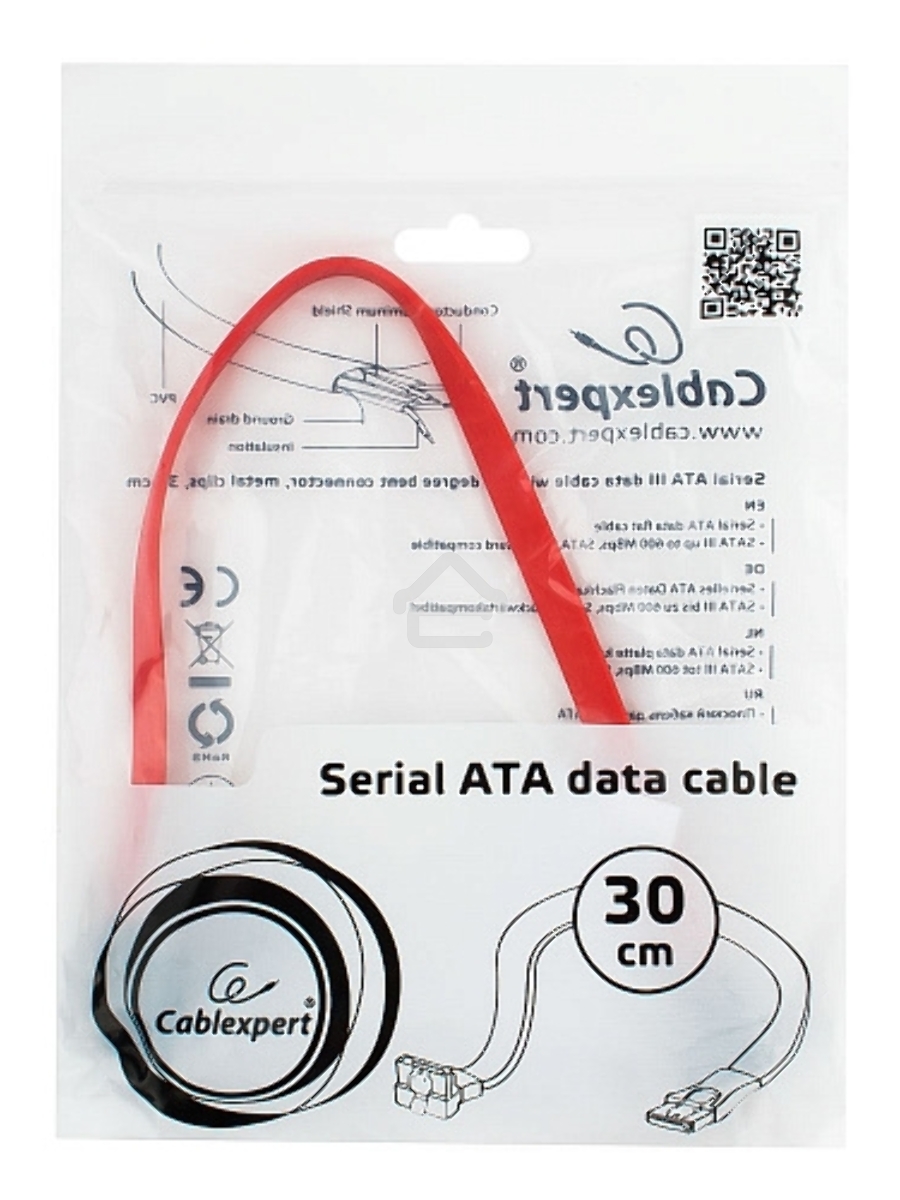 Кабель интерфейсный SATA Cablexpert CC-SATAM-DATA90-0.3M, 30см, угловой разъем, 7pin/7pin, защелка, пакет