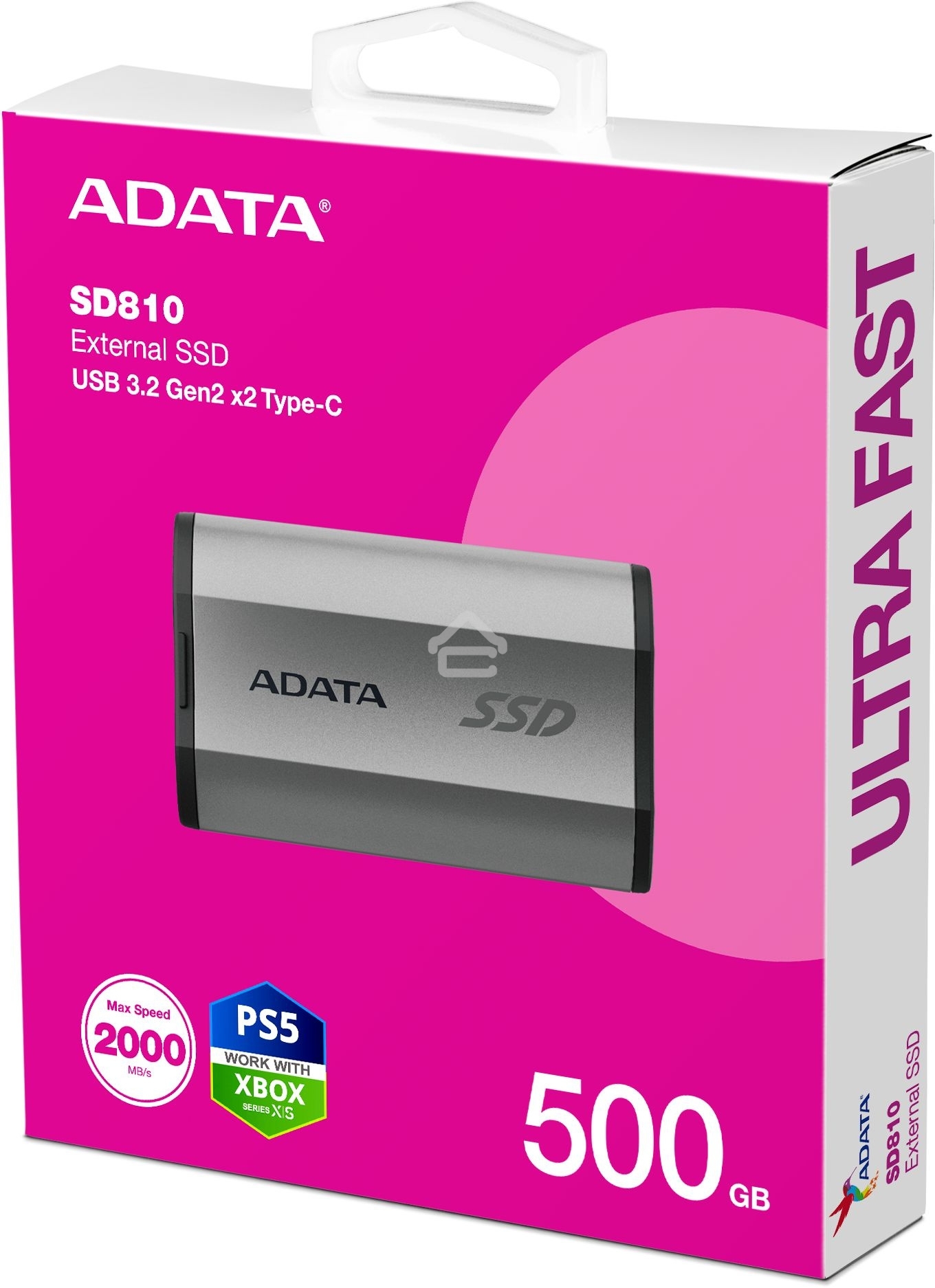 Внешний SSD ADATA SD810, 500 Gb, USB 3.2 Gen 2x2 Type-C, R/W 2000/2000, серебристый