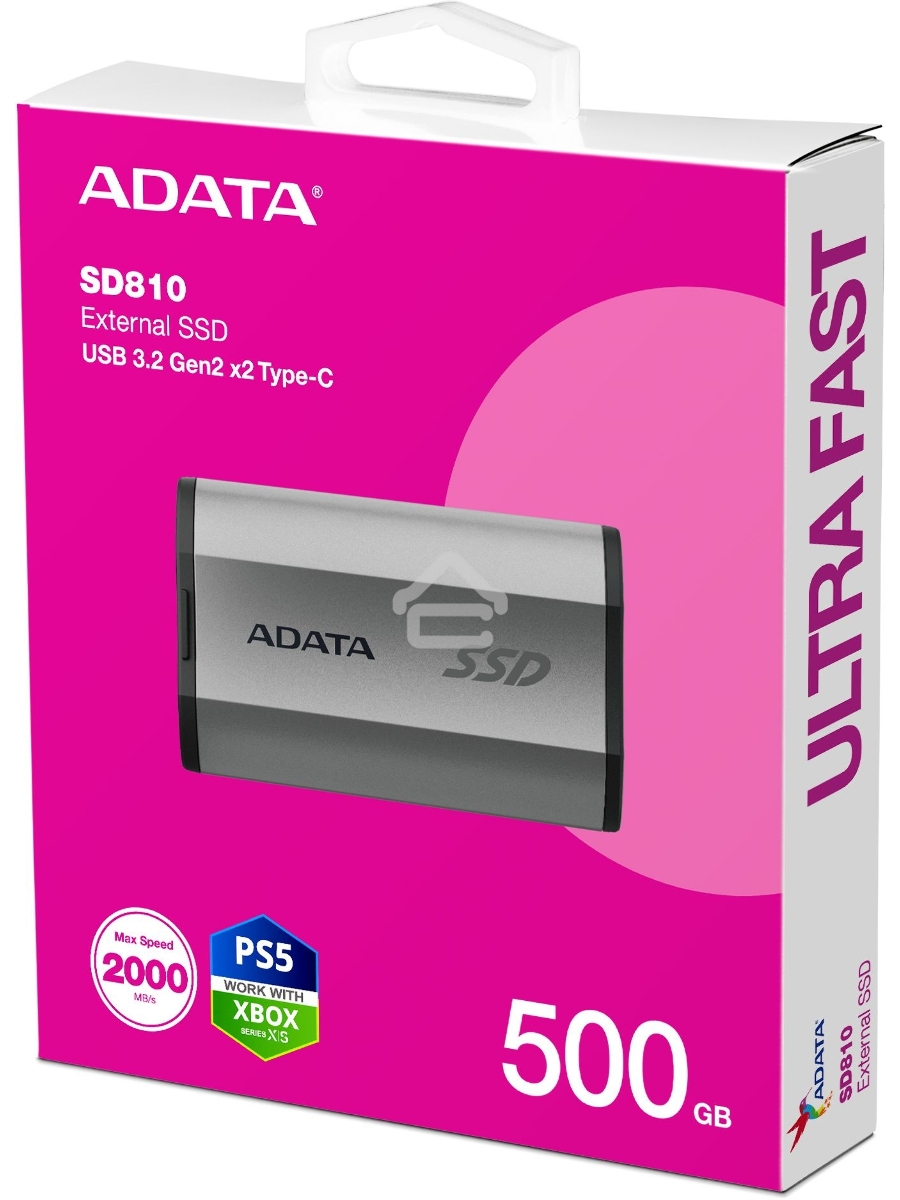 Внешний накопитель SSD A-DATA SD810, External, USB 3.2 Type-C, 500GB [R/W -2000/2000 MB/s] серый