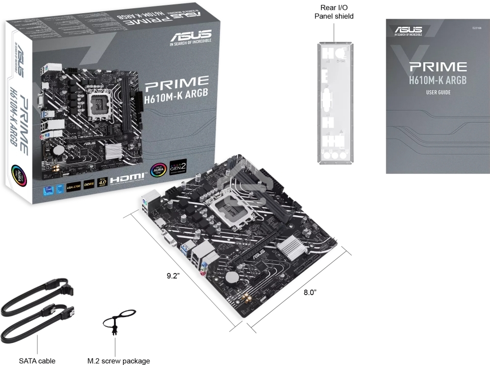 Материнская плата ASUS PRIME H610M-K D4 ARGB, LGA 1700, Intel H610, 2xDDR4, 4xSATA, 1xM.2, 1xPCIe 4.0 x16, 1xHDMI, 1x1Gb LAN, 2xUSB 5Gbps, 4xUSB 2.0, 7.1, mATX