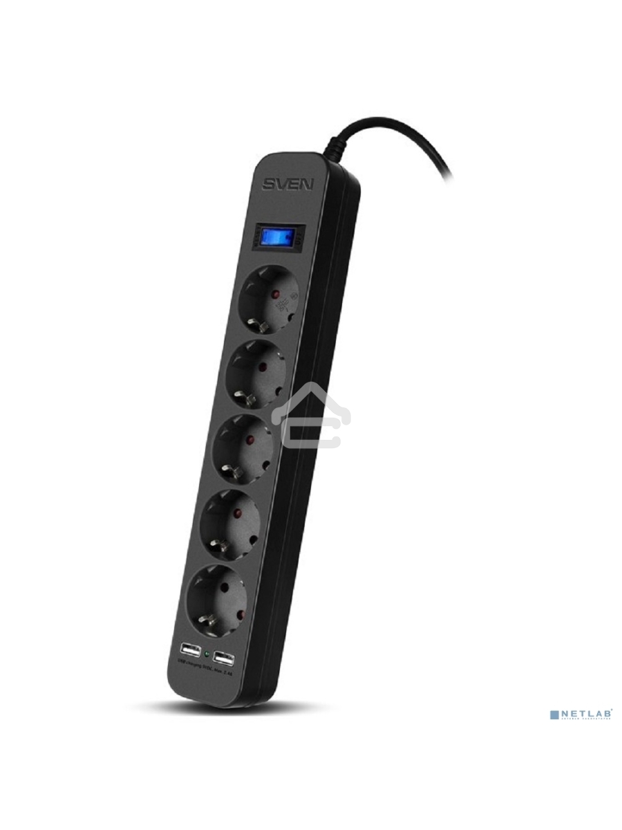 Фильтр SVEN SF-05LU 5.0 м (5 евро розеток,2*USB(2,4А)) черный, цветная коробка Surge protector SVEN SF-05LU 5.0 м (5 евро розеток,2*USB(2,4А)) черный, цветная коробка