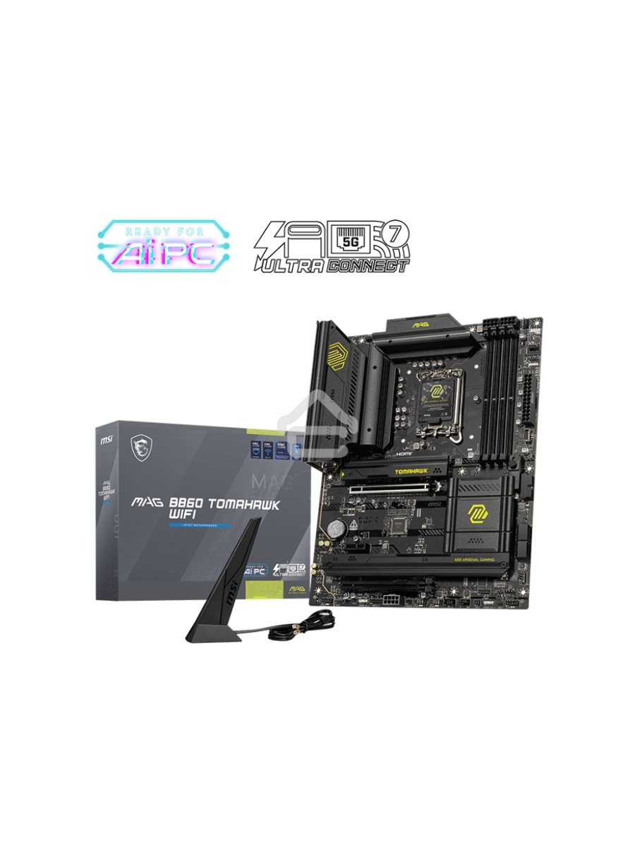 Материнская плата MSI MAG B860 TOMAHAWK WIFI, LGA 1851, Intel B860, 4xDDR5, 4xSATA, 3xM.2, 1xPCIe 4.0 x4, 1xPCIe 5.0 x16, 1xDP, 1xHDMI, 1xUSB-C, 1x 5Gb LAN, 4xUSB-A 2.0, 4xUSB-A 3.2 Gen 2, 7.1, 2x3.5 мм, TOSLINK, ATX