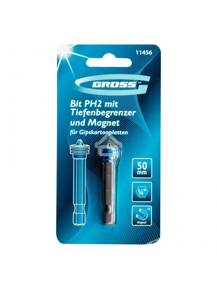 Бита GROSS PH 2x50 мм с ограничителем и магнитом, для ГКЛ, S2Gross 11456