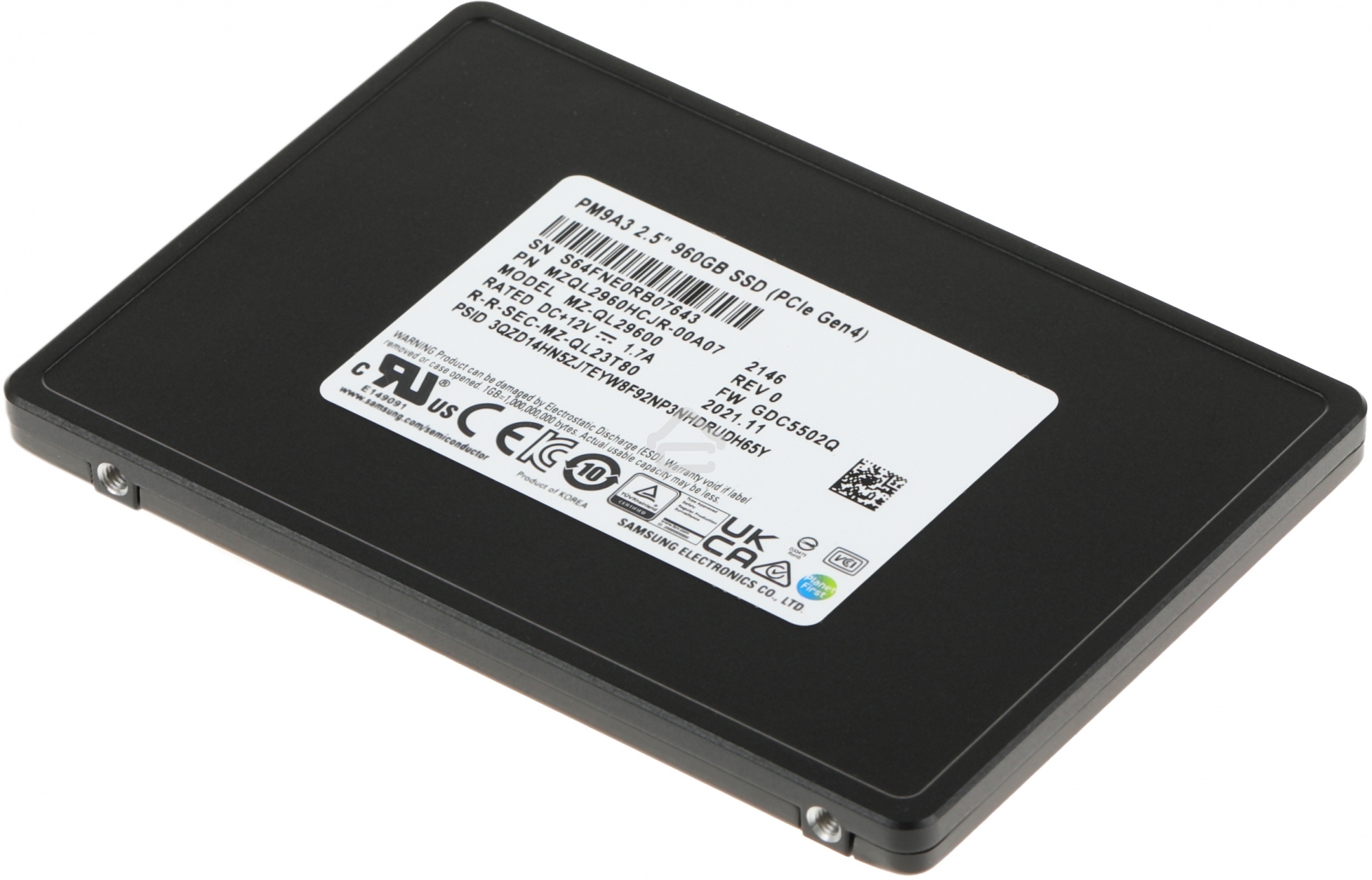 Накопитель SSD Samsung Enterprise PM9A3 черный MZQL2960HCJR-00A07 960Gb, PCIe 3.1 x4, 2.5