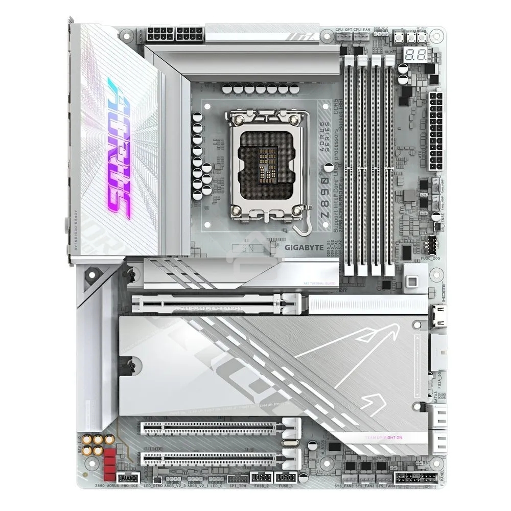 Материнская плата Gigabyte Z890 AORUS PRO ICE, LGA 1851, Intel Z890, 4xDDR5, 4xSATA, 5xM.2, 1xPCIe 5.0 x16, 1xPCIe 4.0 x4, 1xPCIe 4.0 x1, 2xUSB-C (Thunderbolt 4), 1x 5Gb LAN, 4xUSB-A 3.2 Gen 1, 2xUSB-A 3.2 Gen 2, 4xUSB-A 2.0, 2x3.5 мм, 7.1, ATX