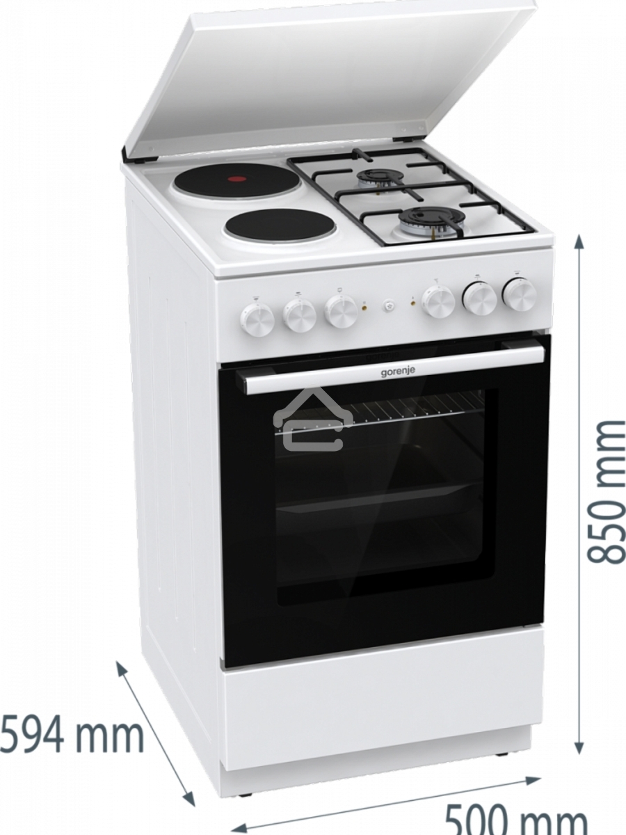 Плита комбинированная Gorenje GK5A12WG белый, конфорок 2 газовых и 2 электрических, духовка 68 л, 50 см x 85 см x 59.4 см